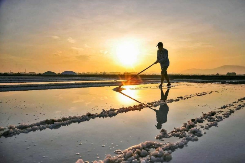 Sunset Salt Harvesting at Hon Khoi Salt Fields Salt worker harvesting salt at Hon Khoi Salt Fields with sunset and reflections